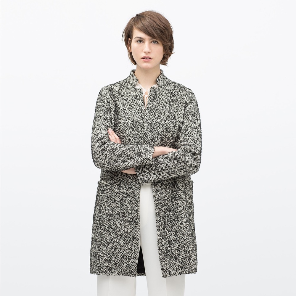 ZARA BLACK BOUCLE COAT GRAY COTTON WOOL JACKET